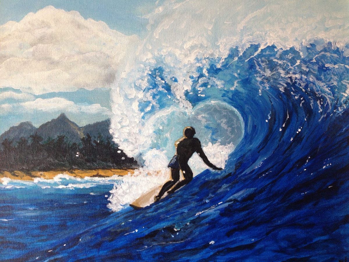 A painting by Ella of a surfer riding inside a curling blue wave, with green mountains and a sandy shore behind.